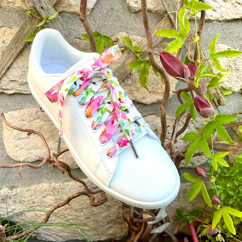 Lacets tissu fleurs aquarelle rose vert - Tes lacets sont défaits