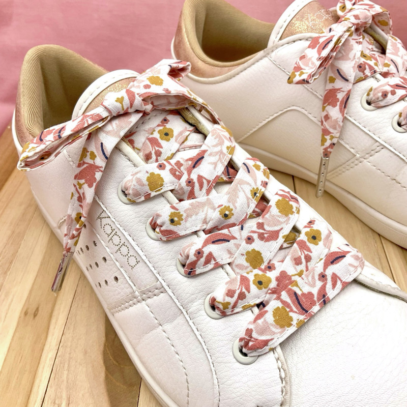 Lacets en tissus aux fleurs délicates | Rose poudré et jaune moutarde