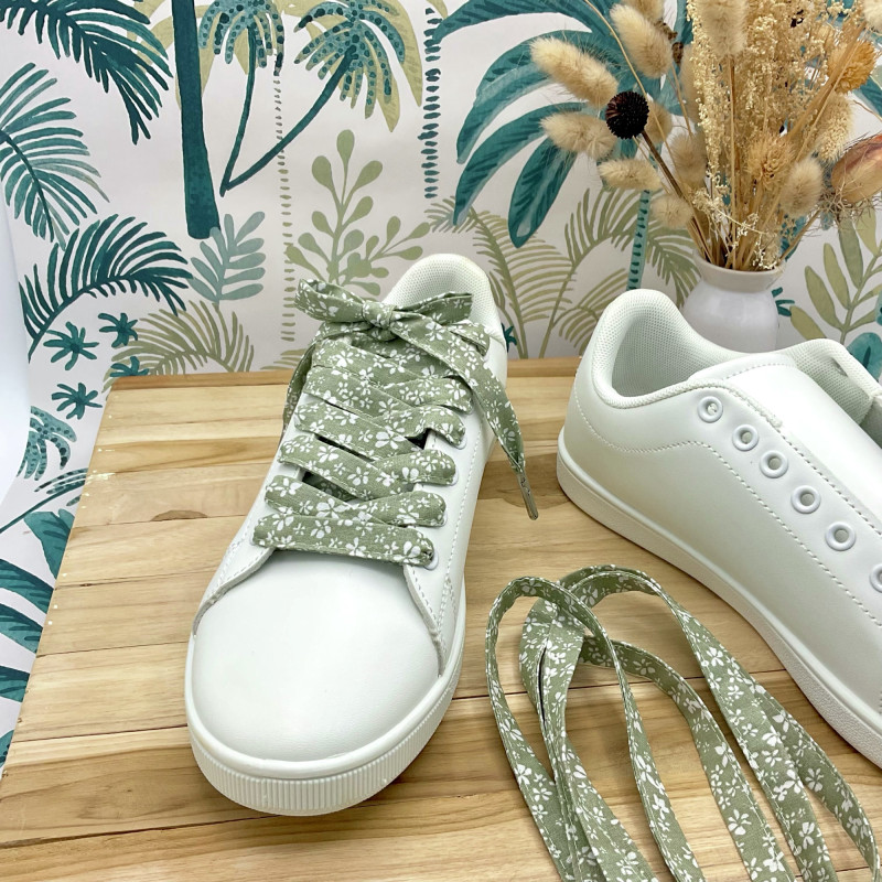 Lacets tissu petites fleurs kaki blanc made in France - Tes lacets sont défaits