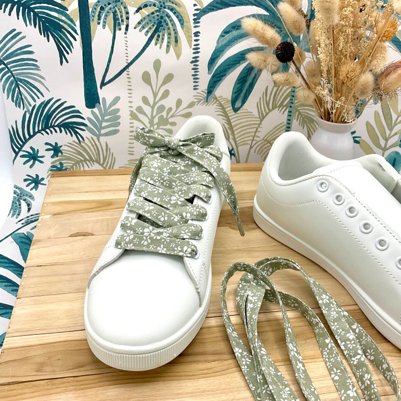 Lacets tissu petites fleurs kaki blanc made in France - Tes lacets sont défaits